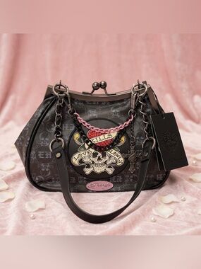 Ed Hardy Black Shoulder Bag with Pink Chain & Heart Charm